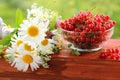 A bouquet of wildflowers and a glass bowl of red currant Royalty Free Stock Photo