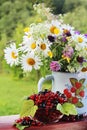 A bouquet of wildflowers and a glass bowl of red currant Royalty Free Stock Photo