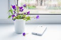 Bouquet of wildflowers and a mobile phone on the windowsill. Blue flowers pansies. Royalty Free Stock Photo