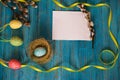 Bouquet willow branch and Easter eggs on a wooden table