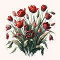 Bouquet of wilted red tulips in a simplistic watercolor style.