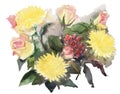 Bouquet of yellow chrysanthemums and roses. Watercolor drawing isolated on white background Royalty Free Stock Photo