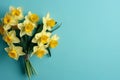 Bouquet yellow daffodils blue background. Generate Ai