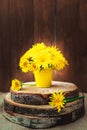 Bouquet of yellow dandelions in a bucket