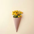 Bouquet of yellow flowers and blank on pastel background, beautiful breakfast, vintage romantic card, top view, flat lay. Royalty Free Stock Photo