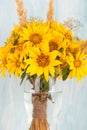 A bouquet of yellow flowers, sunflowers, in a glass vase on a blue background. Copy space Royalty Free Stock Photo
