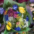 Bouquet of yellow fresia, hyacinth and colorful rose