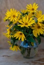 A bouquet of yellow Jerusalem artichoke flowers in a glass vase on a wooden background. Postcard with place for text. A simple Royalty Free Stock Photo