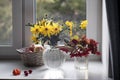 A bouquet of yellow jerusalem artichoke in a transparent vase on a white windowsill