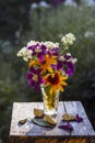 A bouquet of yellow, lilac and white flowers in a vase on the street on a wooden antique chest on a sunny day with a blurred green Royalty Free Stock Photo