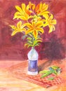 Bouquet of yellow lilies painted with watercolor. Still life, summer drawing