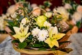 Bouquet of yellow lilies, roses and white chrysanthemums Royalty Free Stock Photo