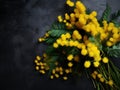 A bouquet of yellow mimosa flowers stands in a glass vase on a dark gray background. Concept of 8 March, happy women