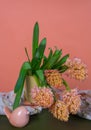 Bouquet of yellow-orange hyacinths with spring decorations Royalty Free Stock Photo