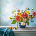Bouquet of yellow and red dahlias with leaves in a blue vase Royalty Free Stock Photo