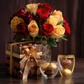 a bouquet of yellow and red roses in a box with a ribbon and chocolates on the table in a glass