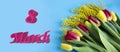 A bouquet of yellow-red tulip flowers, copied space and text on March 8 in English. Banner for a seasonal holiday Royalty Free Stock Photo
