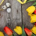 Bouquet of yellow and red tulips and easter eggs Royalty Free Stock Photo