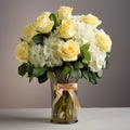 Timeless Grace: Black Vase With Yellow Roses And Hydrangea