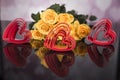 A bouquet of yellow roses and red plastic hearts. Valentine`s Day Royalty Free Stock Photo