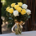 Romantic Charm: Yellow And White Rose Vase In Stunning 32k Uhd