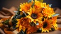 Bouquet of yellow sunflower flowers on table, close-up, idea for floral invitations, AI generated