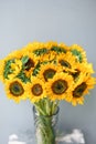 Bouquet of yellow sunflowers , flower in vase on old vintage table. Room morning. Gray background. Colors of autumn and Royalty Free Stock Photo