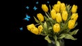 A bouquet of yellow tulips with blue butterflies isolated on a black background. beautiful flowers with moths. Isolate Royalty Free Stock Photo