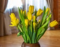 Bouquet of yellow tulips and daffodils  in a vase. Easter and spring greeting card. Women`s day, March 8 Royalty Free Stock Photo