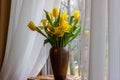 Bouquet of yellow tulips and daffodils  in a vase. Easter and spring greeting card. Women`s day, March 8 Royalty Free Stock Photo