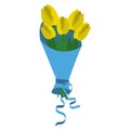A bouquet of yellow tulips of five flowers in a blue package tied with a ribbon Royalty Free Stock Photo