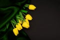 Bouquet of yellow tulips with green fabric on black background. Flower frame with copy space on black background. Copy space Royalty Free Stock Photo