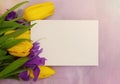 Bouquet of yellow tulips and purple irises with a white card for text on a textured pink background. View from above Royalty Free Stock Photo
