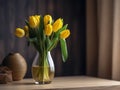 Bouquet of yellow tulips in vase on wooden table. Made with Generative AI Royalty Free Stock Photo