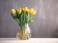 Bouquet of yellow tulips in vase on wooden table. Made with Generative AI Royalty Free Stock Photo