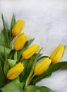 Bouquet of yellow tulips on a white marble background Green stems and leaves Spring Blooming tulips Royalty Free Stock Photo