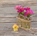 Bouquet zinnias next to a decorative starling house Royalty Free Stock Photo