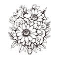 Intricate line art bouquet showing large central flowers with smaller dense filler elements Royalty Free Stock Photo