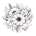 Generous line art composition of a flower bouquet highlighting a central open bloom Royalty Free Stock Photo