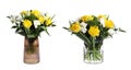 Bouquets with beautiful tulip flowers in glass vases on white background. Banner design