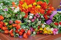 Bouquets of colorful tulips lie on a table for sale Royalty Free Stock Photo