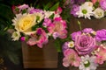 Bouquets with delicate roses, chrysanthemum, alstroemeria and daisy flowers in a floral shop.