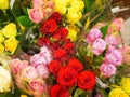 Bouquets of flowers. Many bouquets of flowers. Roses, lilies, chrysanthemums. Close-up Royalty Free Stock Photo