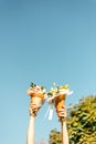 Bouquets of flowers in two hand and blue sky. Women family lgtb. Wedding day. Florist. Copy space Royalty Free Stock Photo