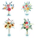 Bouquets of flowers in a vase. Vector illustration in flat style. Set of decorative floral design elements.