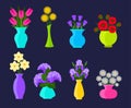 Bouquets of flowers in vases in flat style. Summer and spring flowers set. Vector flowers illustration Royalty Free Stock Photo