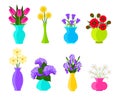 Bouquets of flowers in vases in flat style. Summer and spring flowers set. Vector flowers illustration isolated on white Royalty Free Stock Photo