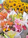 Bouquets of fresh cut flowers at an outdoor market Royalty Free Stock Photo