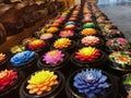Bouquets of fresh lotus buds beaded with water at the flower market in Bangkok, Thailand Royalty Free Stock Photo