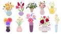 Bouquets. Garden flowers bunch, blooming summer botanical herbs. Herbaceous plants in pots, pitchers and bottles. Flat